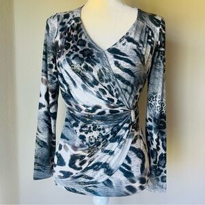 Cache Black and Gray Animal Print Wrap Top with Golden Shimmer, Sz S